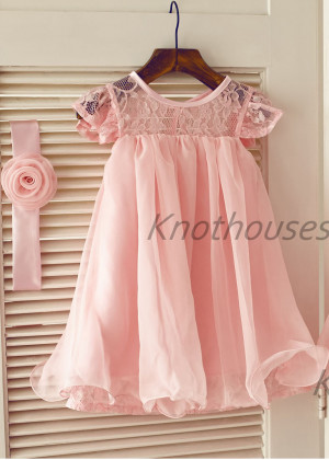 Pink Lace Chiffon Curly Hem Sweet Flower Girl Dress